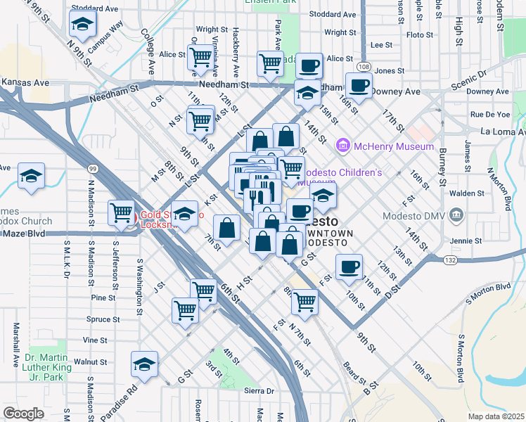 map of restaurants, bars, coffee shops, grocery stores, and more near 925 10th Street in Modesto