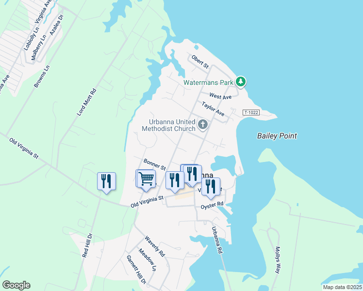 map of restaurants, bars, coffee shops, grocery stores, and more near 251 Rappahannock Avenue in Urbanna