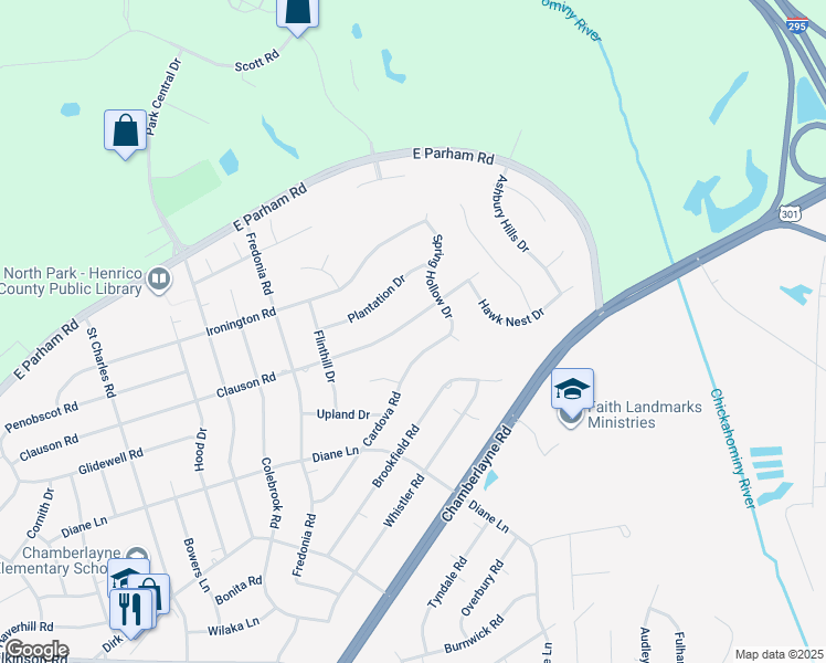 map of restaurants, bars, coffee shops, grocery stores, and more near 505 Clauson Road in Richmond