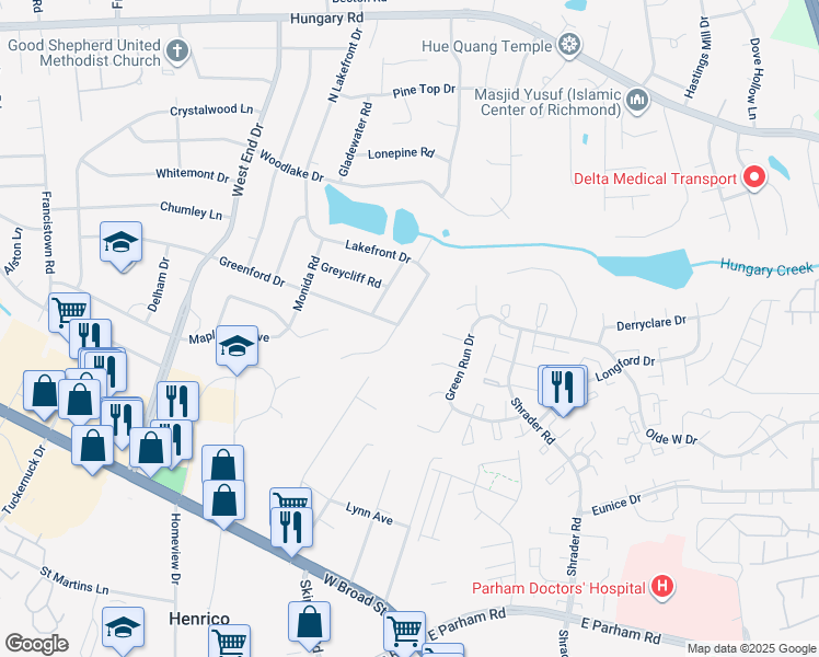 map of restaurants, bars, coffee shops, grocery stores, and more near 3905 Redstone Drive in Richmond