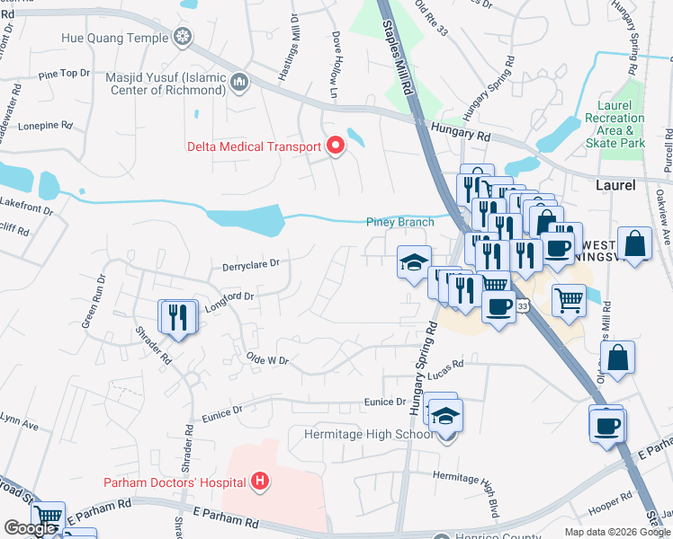 map of restaurants, bars, coffee shops, grocery stores, and more near 8653 Millstream Drive in Richmond
