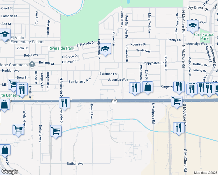 map of restaurants, bars, coffee shops, grocery stores, and more near 2904 Sugarpine Way in Modesto