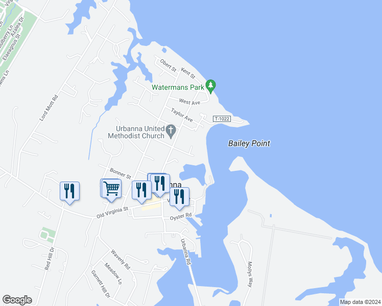 map of restaurants, bars, coffee shops, grocery stores, and more near 141 Marston Avenue in Urbanna