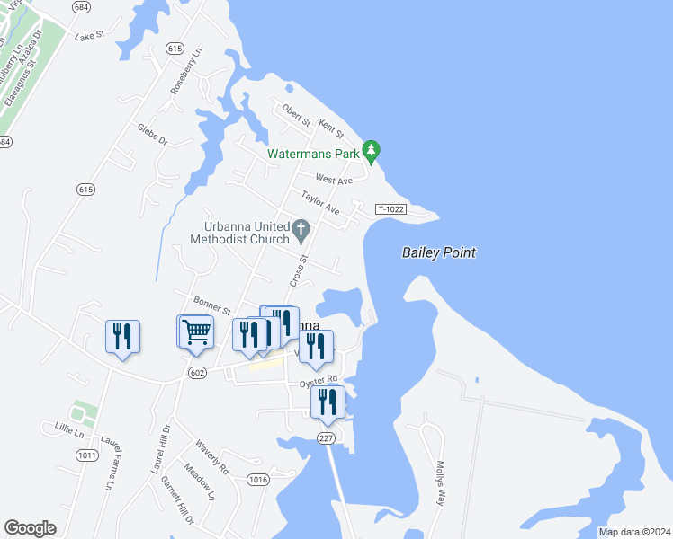 map of restaurants, bars, coffee shops, grocery stores, and more near 141 Marston Avenue in Urbanna