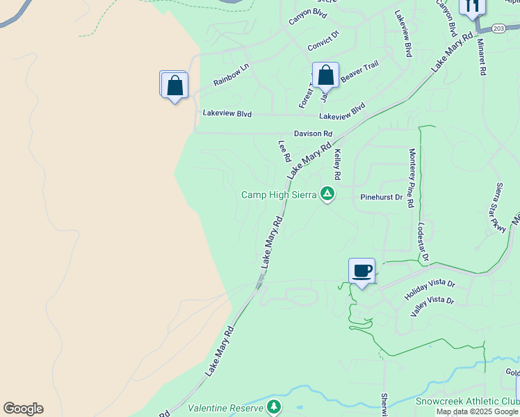 map of restaurants, bars, coffee shops, grocery stores, and more near 6 Bridges Lane in Mammoth Lakes
