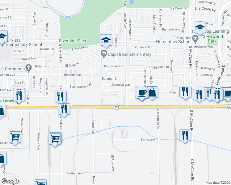 map of restaurants, bars, coffee shops, grocery stores, and more near 2904 Sugarpine Way in Modesto