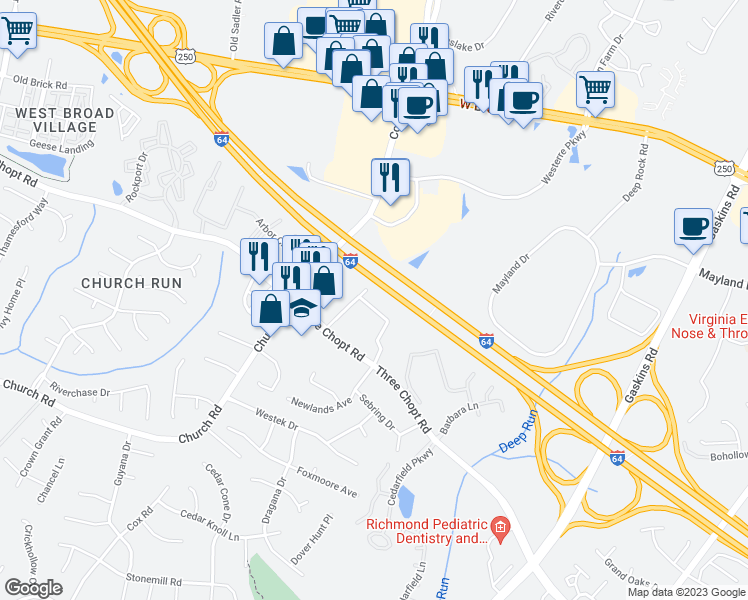 map of restaurants, bars, coffee shops, grocery stores, and more near 10986 Greenaire Place in Richmond