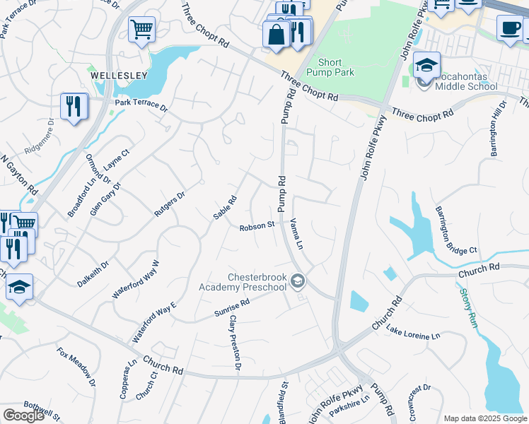 map of restaurants, bars, coffee shops, grocery stores, and more near 3008 Colthurst Place in Richmond