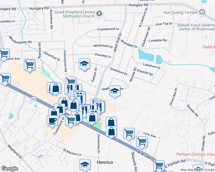 map of restaurants, bars, coffee shops, grocery stores, and more near 3800 Voyager Drive in Richmond