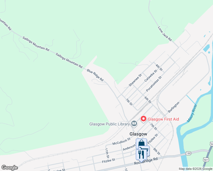 map of restaurants, bars, coffee shops, grocery stores, and more near 1775 Virginia 684 in Glasgow