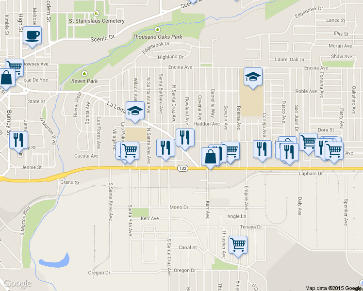 map of restaurants, bars, coffee shops, grocery stores, and more near 1315 La Loma Ave in Modesto