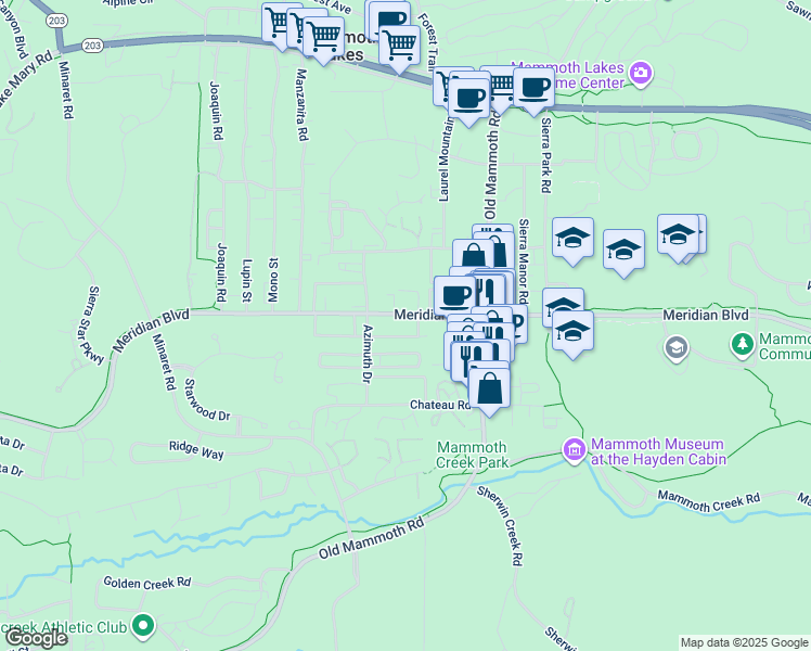 map of restaurants, bars, coffee shops, grocery stores, and more near 2113 Meridian Boulevard in Mammoth Lakes