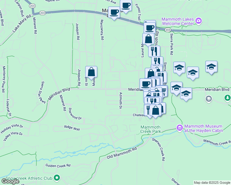 map of restaurants, bars, coffee shops, grocery stores, and more near 2251 Meridian Boulevard in Mammoth Lakes