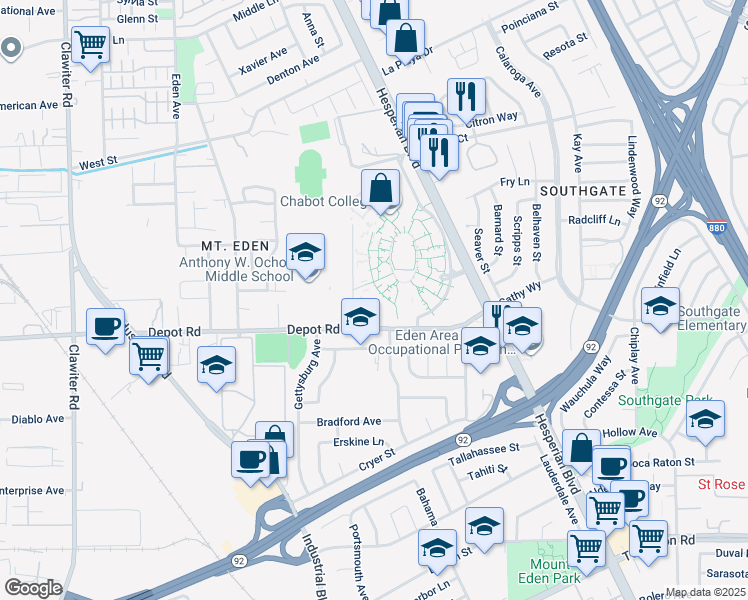 map of restaurants, bars, coffee shops, grocery stores, and more near in Hayward