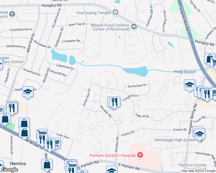 map of restaurants, bars, coffee shops, grocery stores, and more near 4916 Bunclody Court in Henrico