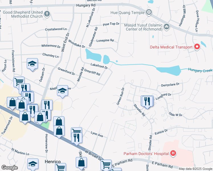 map of restaurants, bars, coffee shops, grocery stores, and more near 3905 Redstone Drive in Richmond