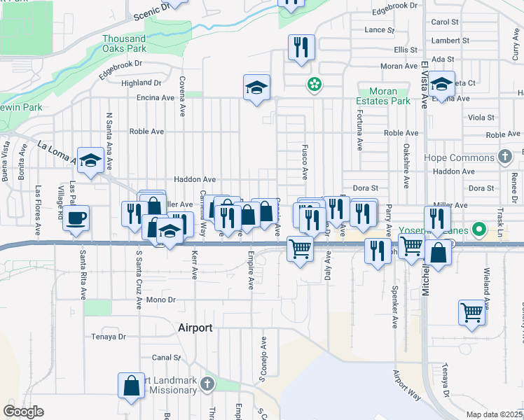 map of restaurants, bars, coffee shops, grocery stores, and more near 1732 Miller Avenue in Modesto