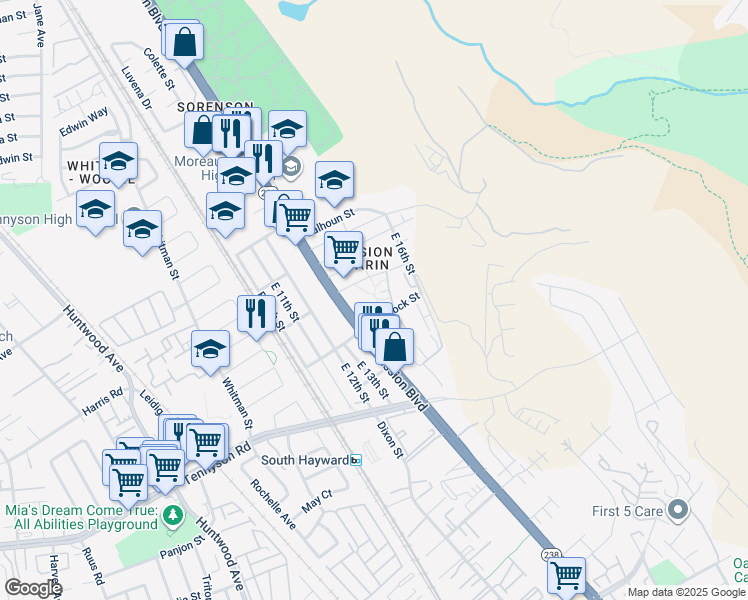 map of restaurants, bars, coffee shops, grocery stores, and more near 802 Hancock Street in Hayward