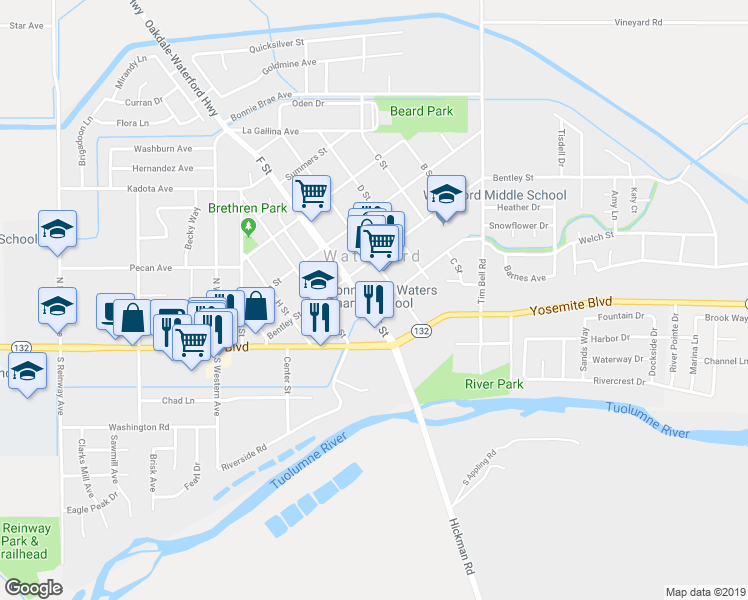 map of restaurants, bars, coffee shops, grocery stores, and more near 12705 Welch Street in Waterford