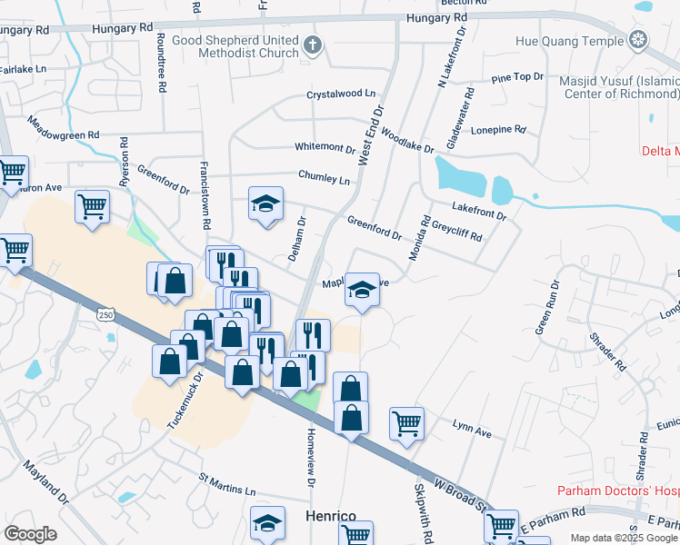 map of restaurants, bars, coffee shops, grocery stores, and more near 3800 Voyager Drive in Richmond