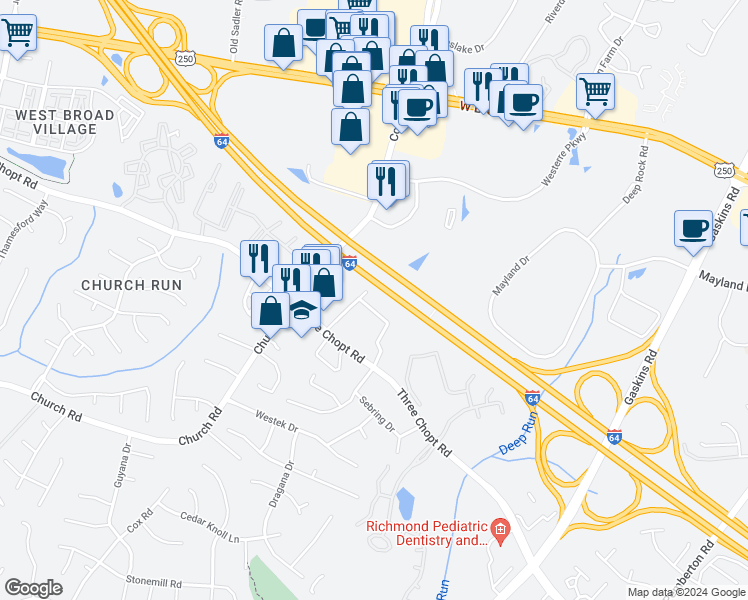 map of restaurants, bars, coffee shops, grocery stores, and more near 10988 Greenaire Place in Henrico