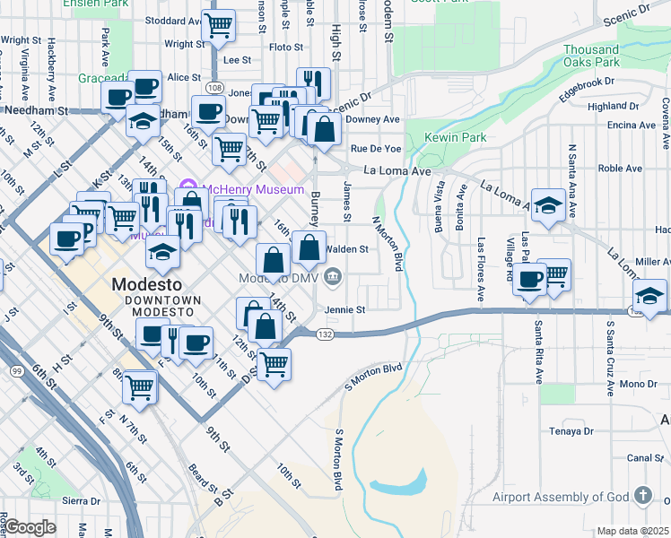 map of restaurants, bars, coffee shops, grocery stores, and more near 123 Kelley Street in Modesto