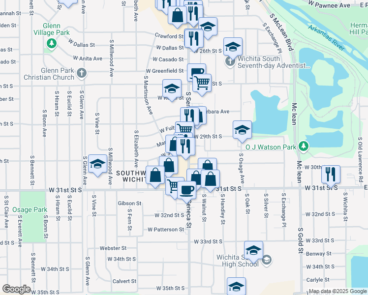 map of restaurants, bars, coffee shops, grocery stores, and more near 3101 South Seneca Street in Wichita