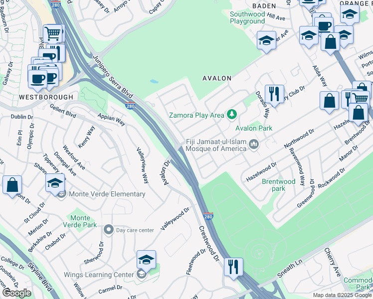 map of restaurants, bars, coffee shops, grocery stores, and more near 409 Valverde Drive in South San Francisco