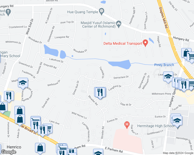 map of restaurants, bars, coffee shops, grocery stores, and more near 4905 Bunclody Court in Henrico