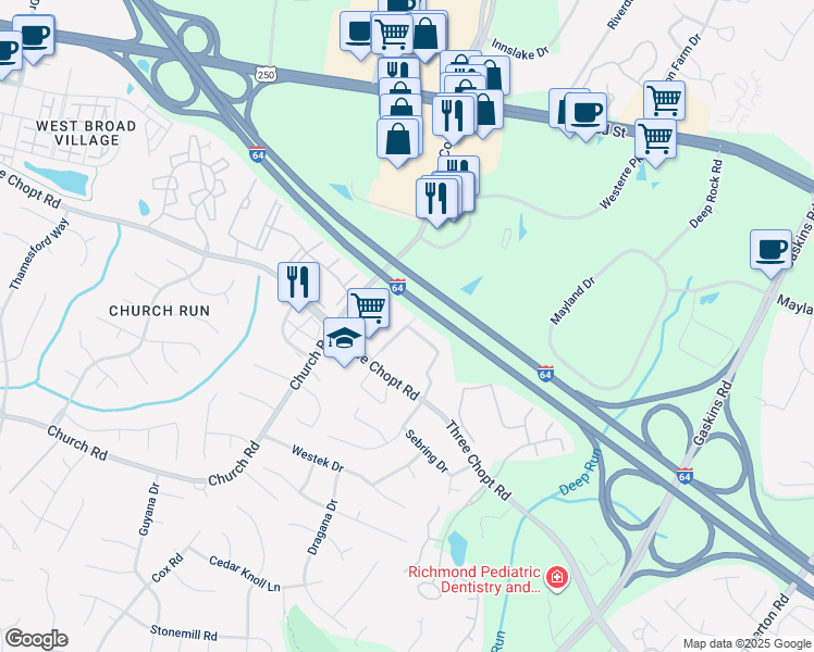 map of restaurants, bars, coffee shops, grocery stores, and more near 3438 Old Cox Road in Henrico