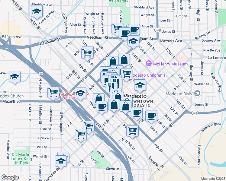 map of restaurants, bars, coffee shops, grocery stores, and more near 925 10th Street in Modesto