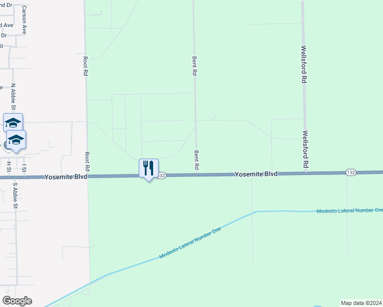 map of restaurants, bars, coffee shops, grocery stores, and more near 155 Bent Road in Modesto