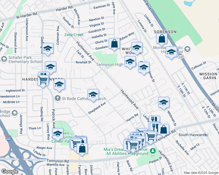 map of restaurants, bars, coffee shops, grocery stores, and more near 27133 Belvedere Court in Hayward