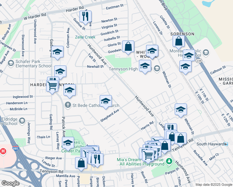 map of restaurants, bars, coffee shops, grocery stores, and more near 26979 Manon Avenue in Hayward