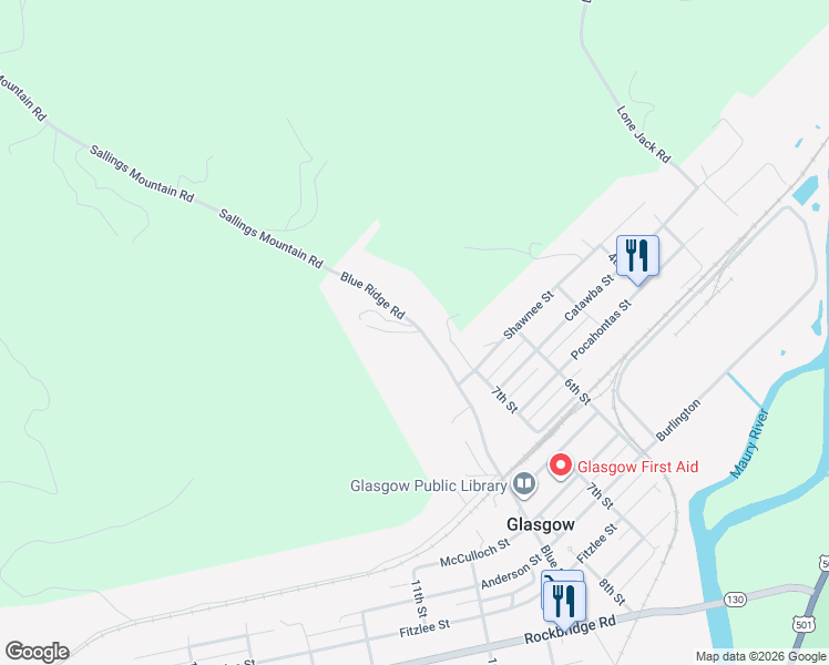 map of restaurants, bars, coffee shops, grocery stores, and more near 1775 Virginia 684 in Glasgow