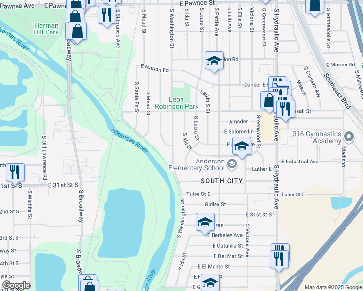 map of restaurants, bars, coffee shops, grocery stores, and more near 2938 Washington South in Wichita