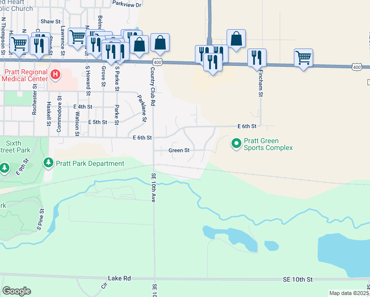 map of restaurants, bars, coffee shops, grocery stores, and more near 1707 East 6th Street in Pratt