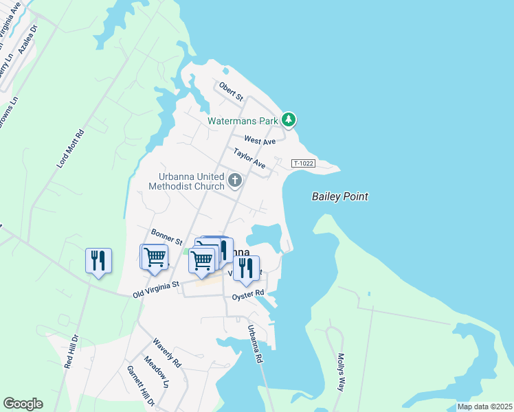 map of restaurants, bars, coffee shops, grocery stores, and more near 155 Marston Avenue in Urbanna