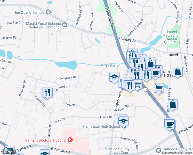 map of restaurants, bars, coffee shops, grocery stores, and more near 8653 Millstream Drive in Richmond