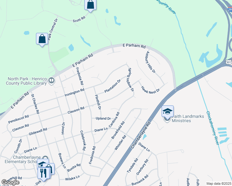 map of restaurants, bars, coffee shops, grocery stores, and more near 510 Clauson Road in Richmond