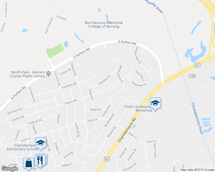 map of restaurants, bars, coffee shops, grocery stores, and more near 510 Clauson Road in Richmond