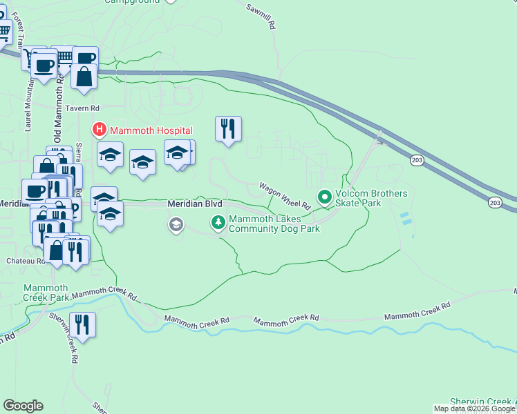 map of restaurants, bars, coffee shops, grocery stores, and more near 1410 Meridian Boulevard in Mammoth Lakes