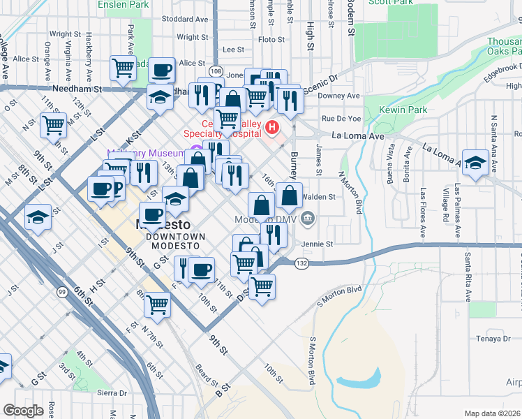 map of restaurants, bars, coffee shops, grocery stores, and more near 528 14th Street in Modesto