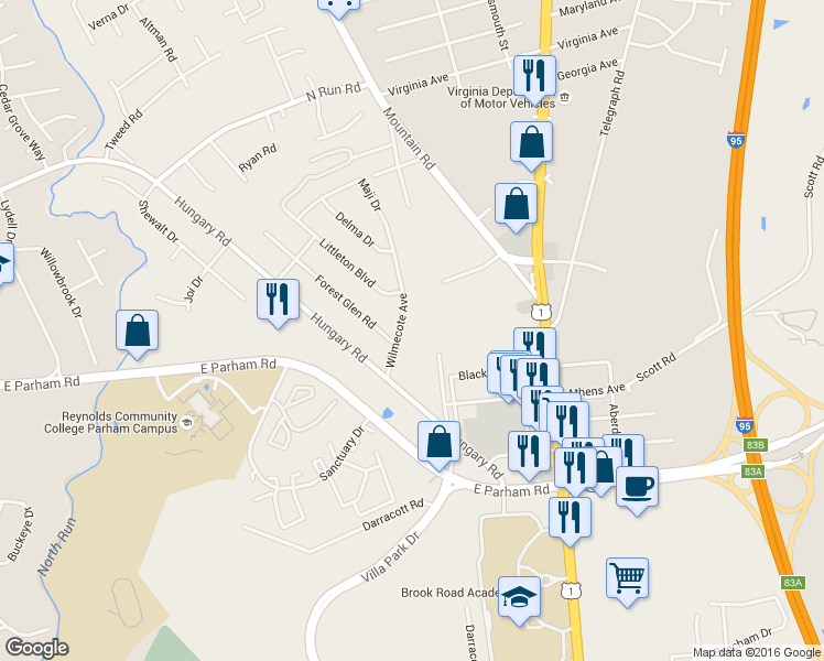 map of restaurants, bars, coffee shops, grocery stores, and more near 9103 Wilmecote Avenue in Henrico