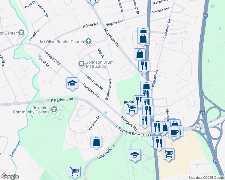 map of restaurants, bars, coffee shops, grocery stores, and more near 9103 Wilmecote Avenue in Henrico
