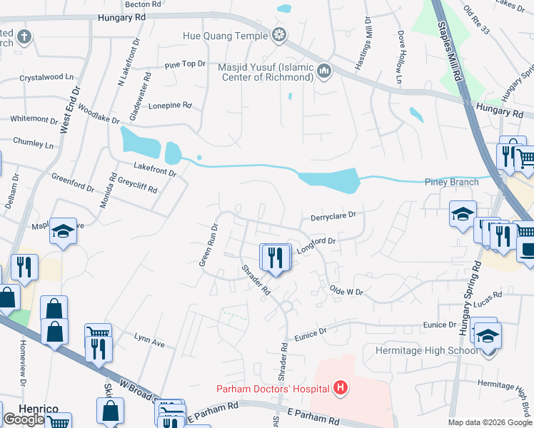 map of restaurants, bars, coffee shops, grocery stores, and more near 7826 Balineen Court in Richmond
