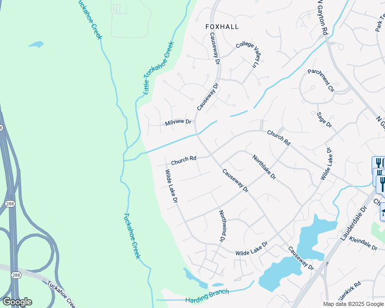 map of restaurants, bars, coffee shops, grocery stores, and more near 12916 Church Road in Richmond