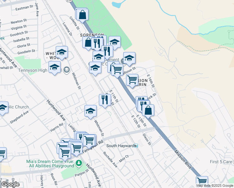 map of restaurants, bars, coffee shops, grocery stores, and more near 27777 East 12th Street in Hayward