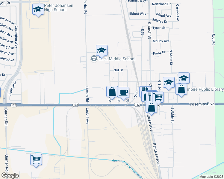 map of restaurants, bars, coffee shops, grocery stores, and more near 29 B Street in Modesto