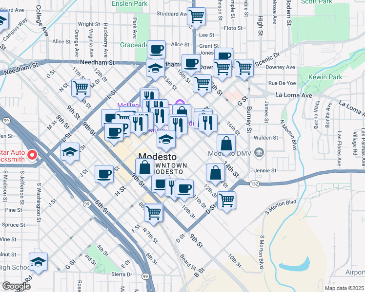 map of restaurants, bars, coffee shops, grocery stores, and more near 1215 G Street in Modesto